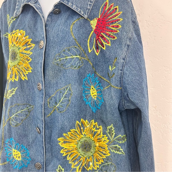 Vintage 90s Embroidered Sunflower Ladybug Denim Jacket Size L Blue Cottagecore - Picture 8 of 13